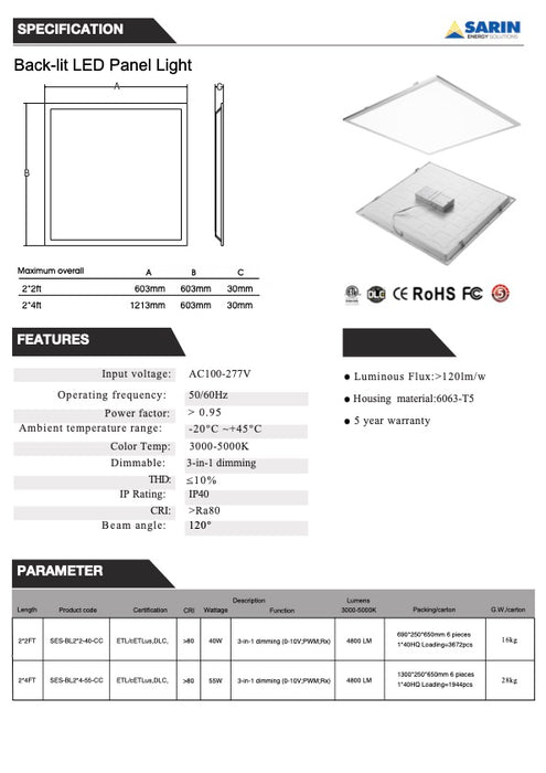 LED Adjustable CCT Backlit Panel Light 2 x 2 Feet, 2 x 4 Feet, 20 30 40 50 - 60 Watt