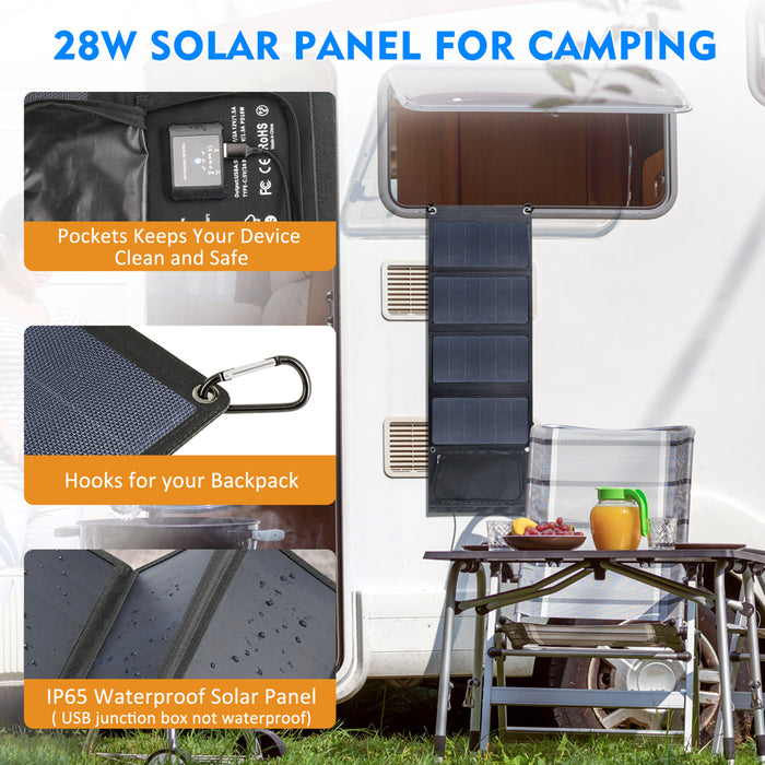 Solar Panel Charger - 28W Camping Solar Panel Dual USB IP65 Waterproof Backpacking Charger Compatible with Iphone Ipad Samsung Galaxy