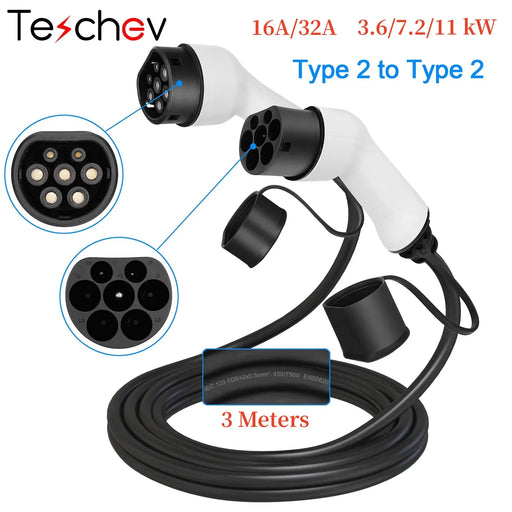 EV Charging Cable IEC62196 Type2 to Type2 Female to Male Plug 1 Phase 3 Phase 16A 11Kw 3M Cable Electric Vehicle Cord