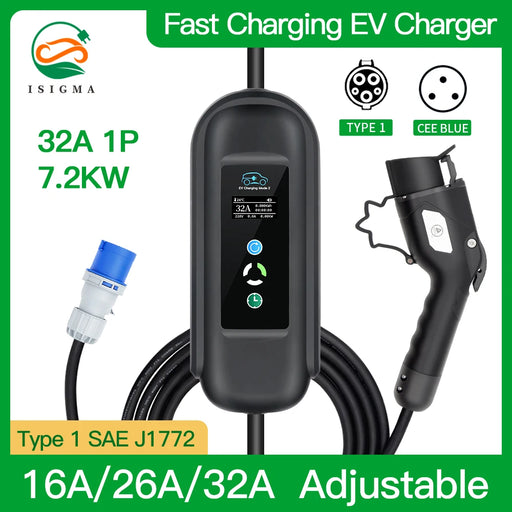 Adjustable Level2 EV Charger 32A 5M Cable SAE J1772 Type 1 Portable Controlle Electric Vehicle Charging Stations for Leaf Tesla